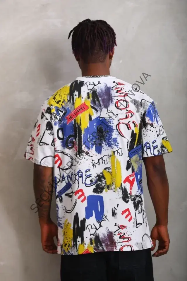 Unisex Oversize Baskılı Bisiklet Yaka T-Shirt - Beyaz