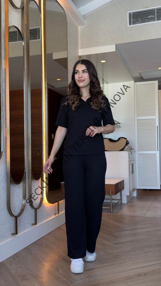 Kadın Kısa Kollu Yakalı Viskon Iki Iplik Bluz Ve Pantolon Ikili Takım