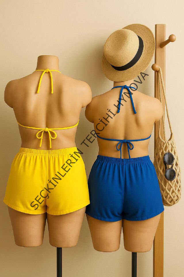Kadın Sarı ve Mavi Şortlu Belden ve Boyundan Bağlamalı Bikini Takımı – Modern, Konforlu ve Günlük Kombinlere Uygun