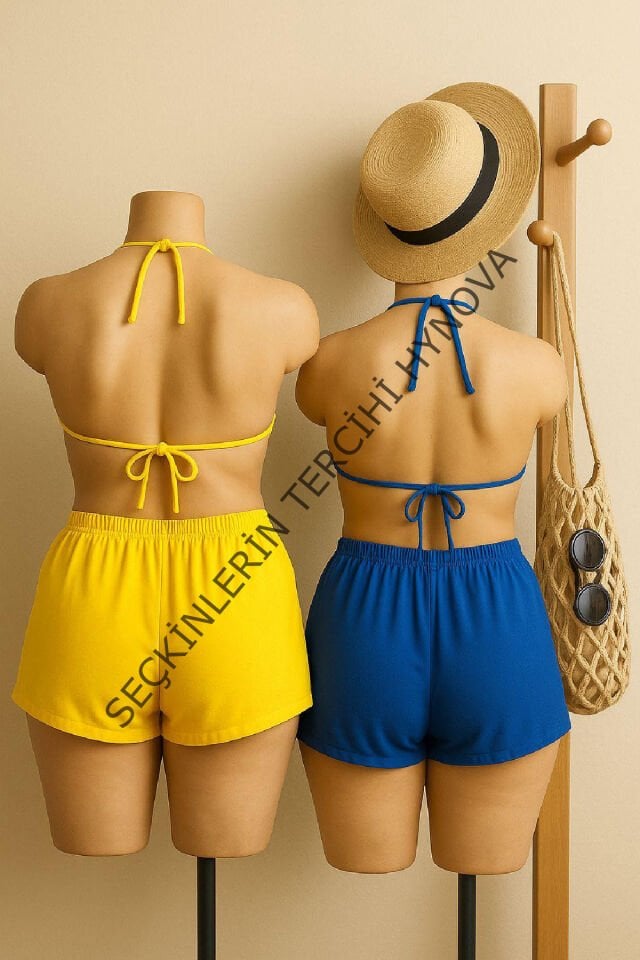 Kadın Sarı ve Mavi Şortlu Belden ve Boyundan Bağlamalı Bikini Takımı – Modern, Konforlu ve Günlük Kombinlere Uygun