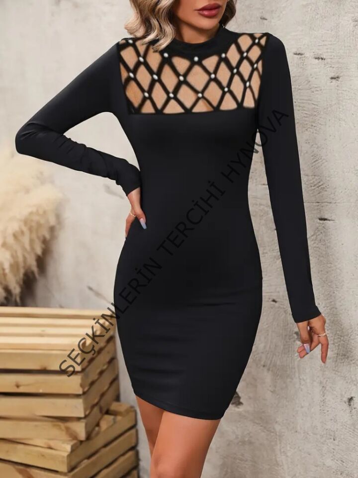 Kadın Uzun Kollu Bisiklet Yaka Lazer Kesim Inci Detay Viskon Iki Iplik Mini Boy Elbise