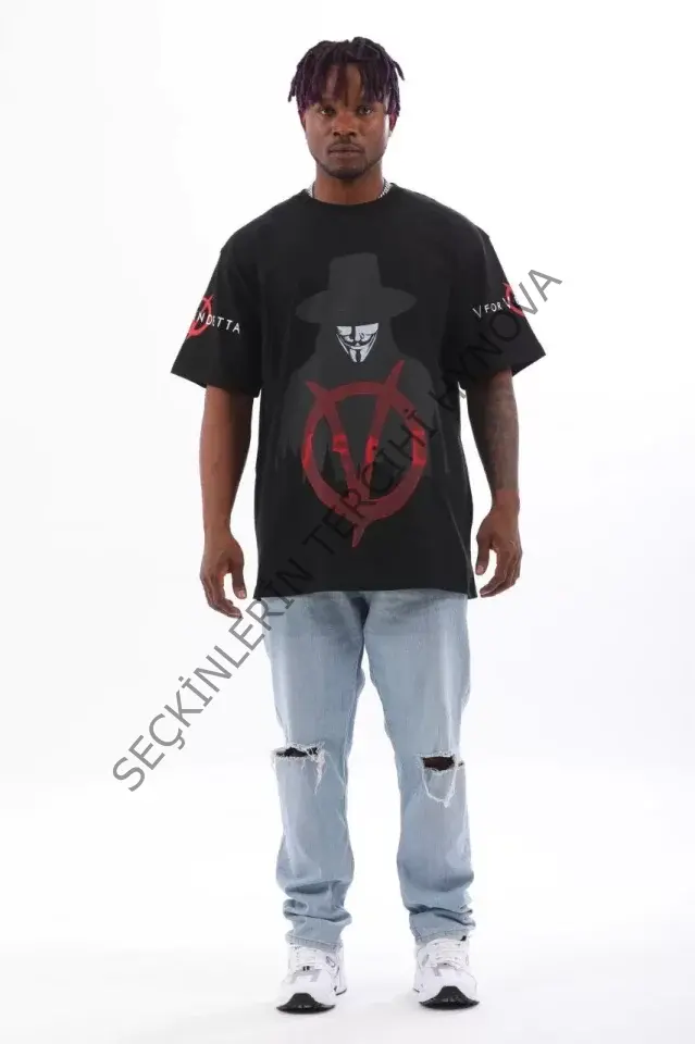 Unisex Oversize Baskılı Bisiklet Yaka T-Shirt - Siyah