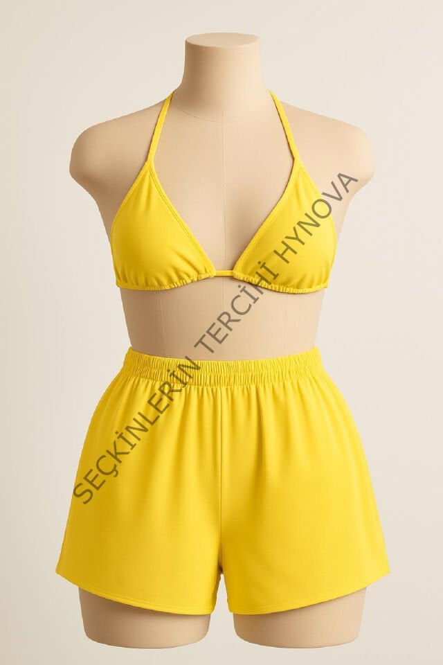 Kadın Sarı Şortlu Belden ve Boyundan Bağlamalı Bikini Takımı – Modern, Konforlu ve Günlük Kombinlere Uygun
