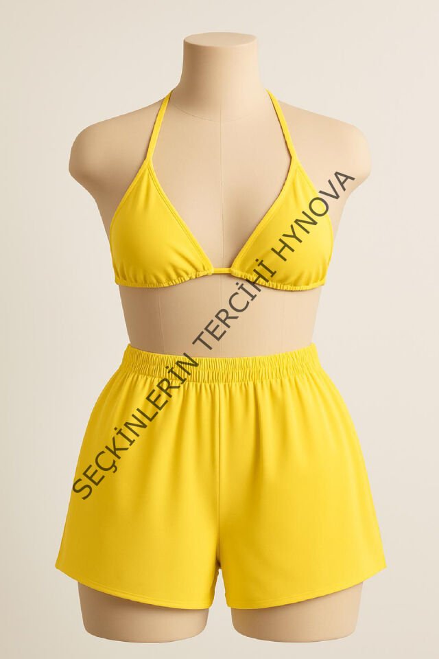 Kadın Sarı Şortlu Belden ve Boyundan Bağlamalı Bikini Takımı – Modern, Konforlu ve Günlük Kombinlere Uygun