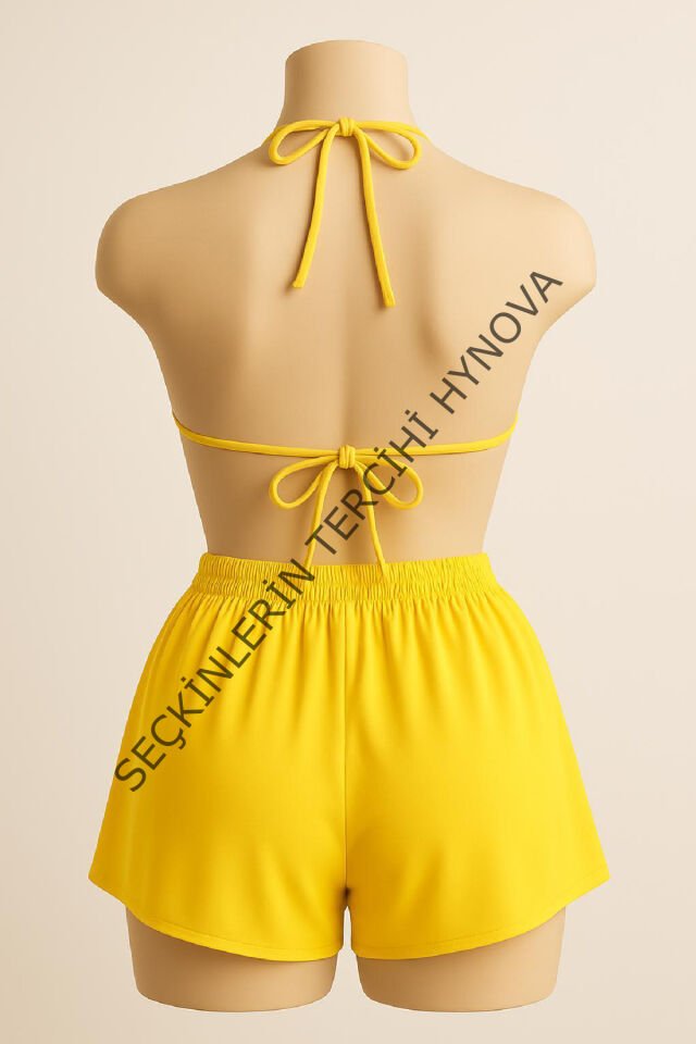 Kadın Sarı Şortlu Belden ve Boyundan Bağlamalı Bikini Takımı – Modern, Konforlu ve Günlük Kombinlere Uygun