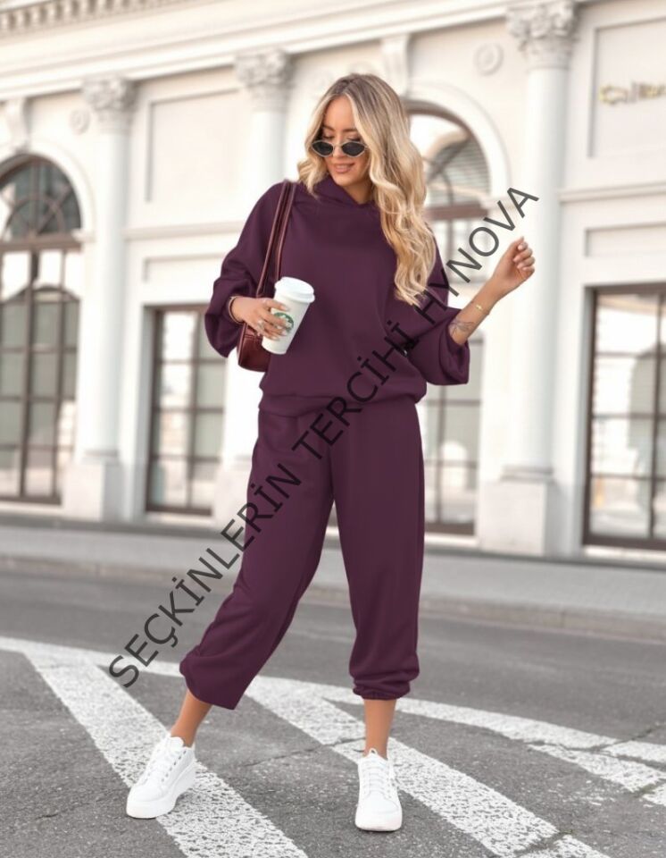 Kadın Uzun Kollu Kapşonlu Viskon Iki Iplik Bluz Ve Pantolon Ikili Takım