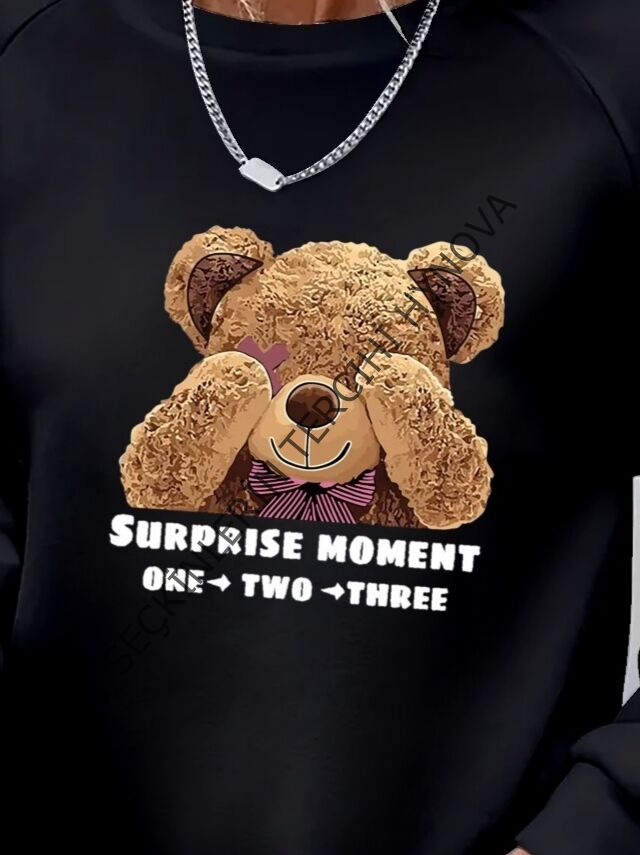 Kadın Uzun Kollu Bisiklet Yaka Ayıcık Desenli Viskon Iki Iplik Bluz