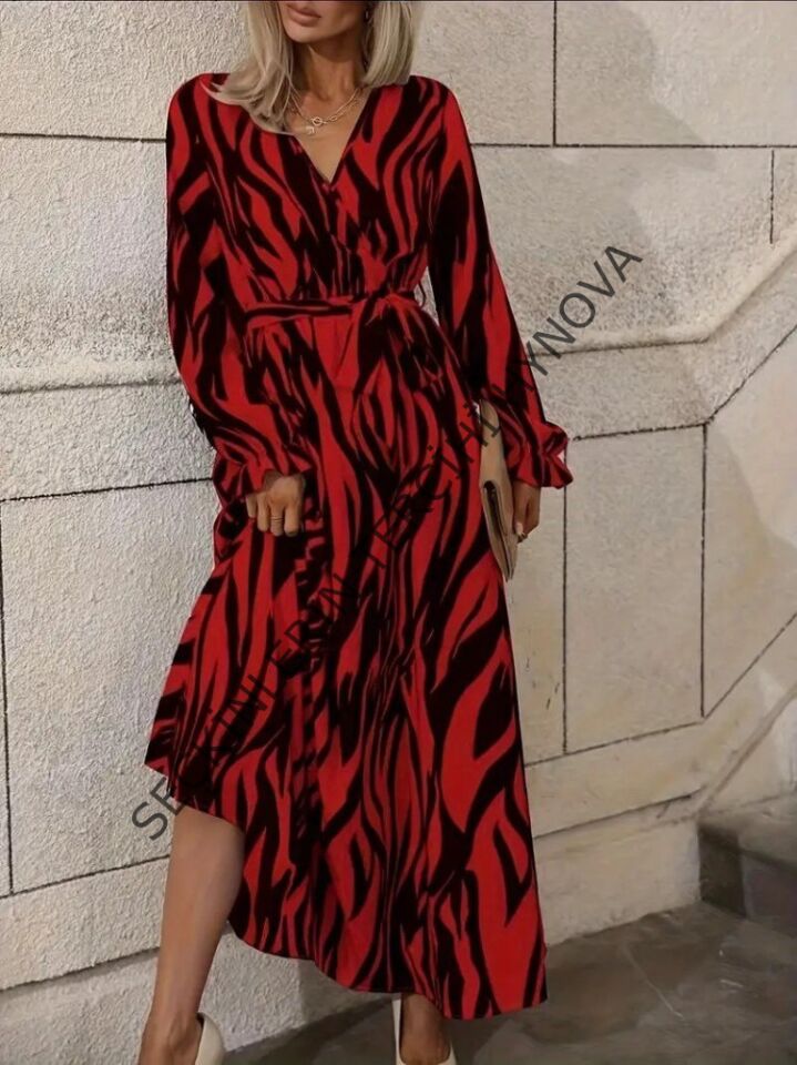 Kadın Uzun Kollu Kruvaze Yakalı Kuşaklı Zebra Desenli Süprem Maxi Elbise