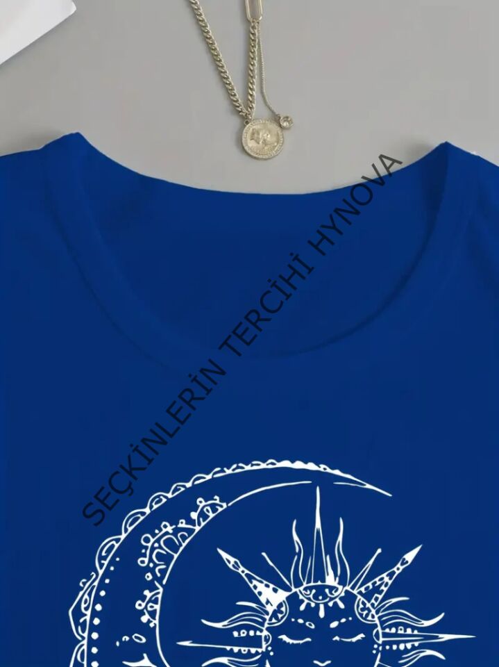 Kadın Uzun Kollu Bisiklet Yaka Ay Baskılı Viskon Bluz