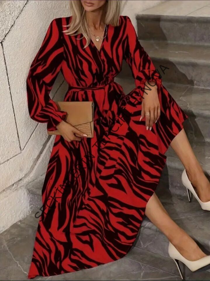 Kadın Uzun Kollu Kruvaze Yakalı Kuşaklı Zebra Desenli Süprem Maxi Elbise
