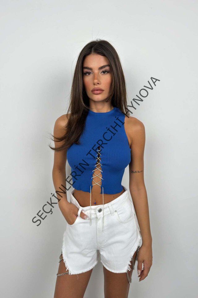 Taş Detay Dekolteli Crop Bluz