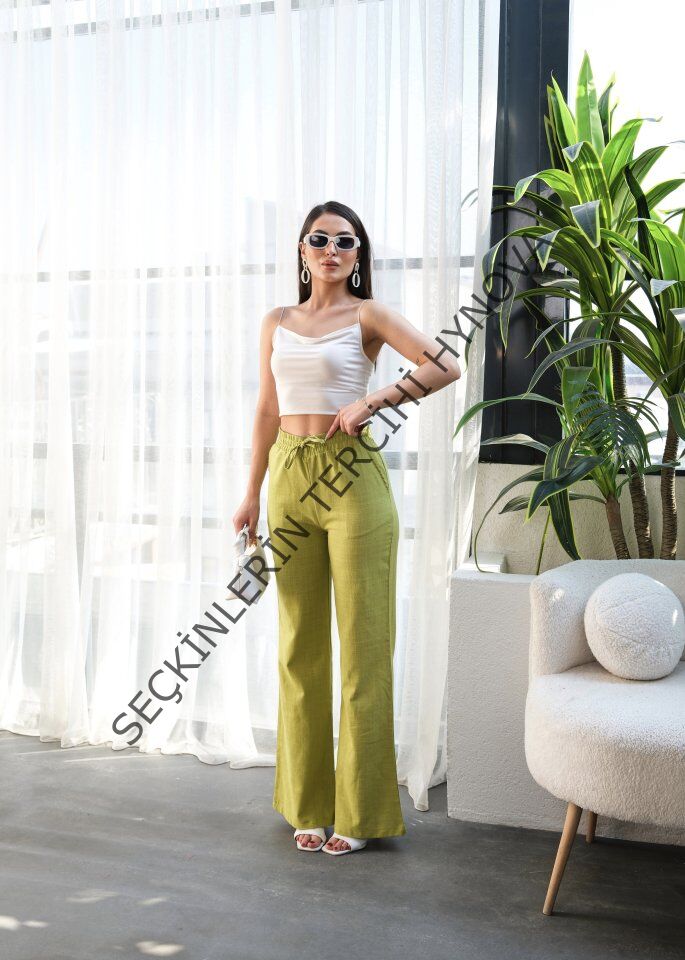 Beli̇ Lasti̇kli̇ Ve Bağcikli Keten Pantolon