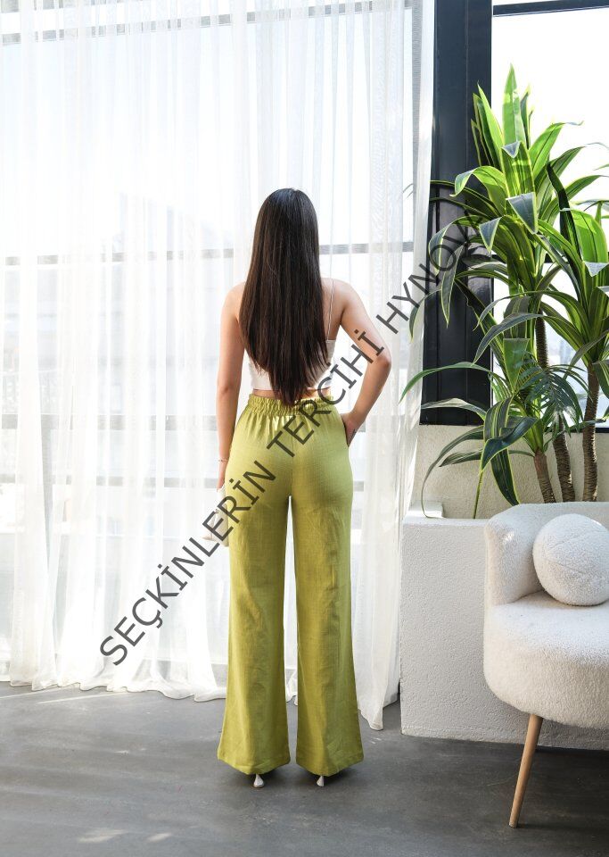 Beli̇ Lasti̇kli̇ Ve Bağcikli Keten Pantolon