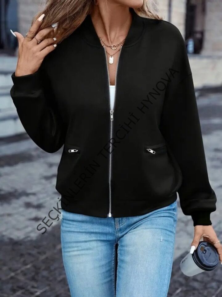 Kadın Uzun Kollu önden Fermuarlı Cepli Modal Ceket