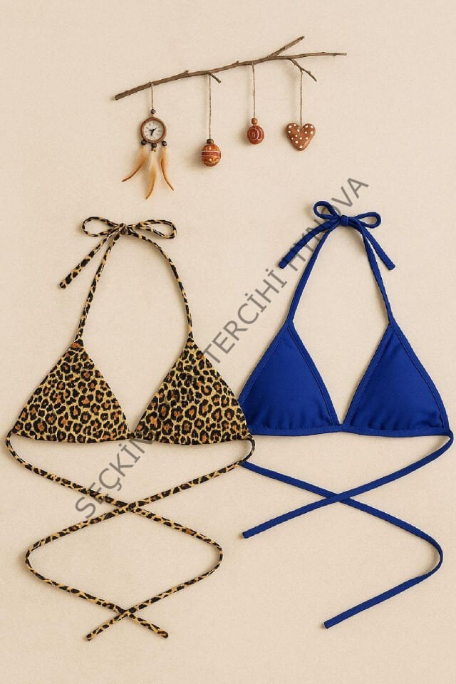 Kadın Leopar Desenli ve Mavi Minimal Kesim Üçgen Bikini Üstü – Modern ve Şık Tasarım