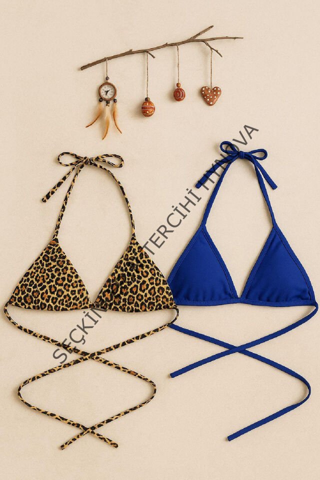 Kadın Leopar Desenli ve Mavi Minimal Kesim Üçgen Bikini Üstü – Modern ve Şık Tasarım