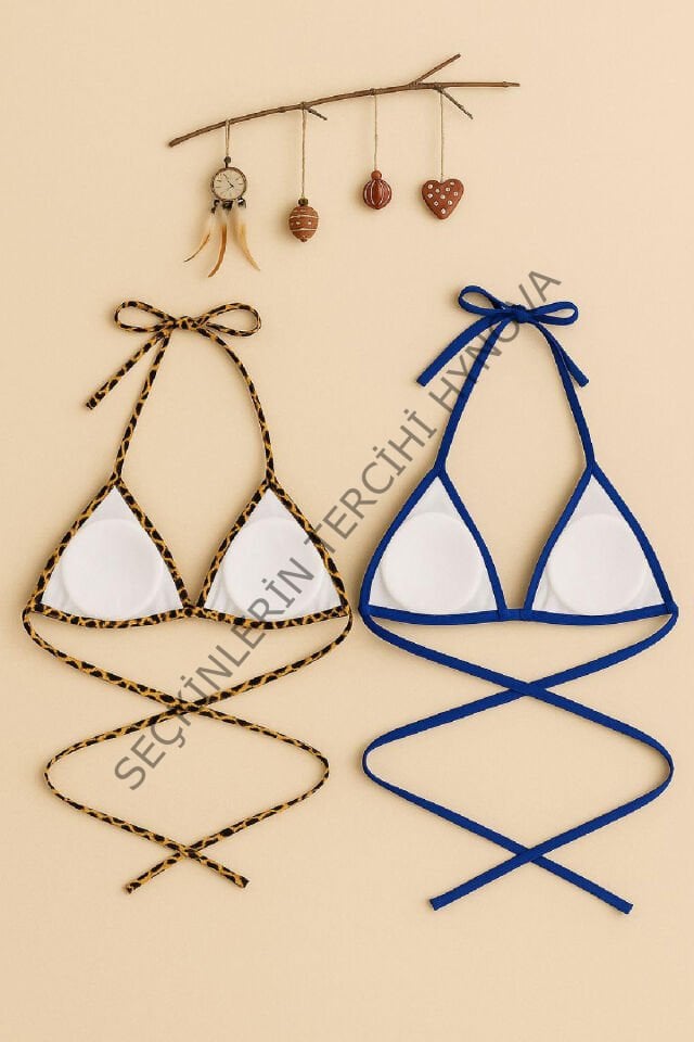 Kadın Leopar Desenli ve Mavi Minimal Kesim Üçgen Bikini Üstü – Modern ve Şık Tasarım