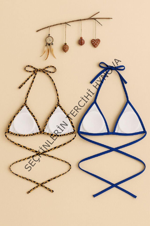 Kadın Leopar Desenli ve Mavi Minimal Kesim Üçgen Bikini Üstü – Modern ve Şık Tasarım