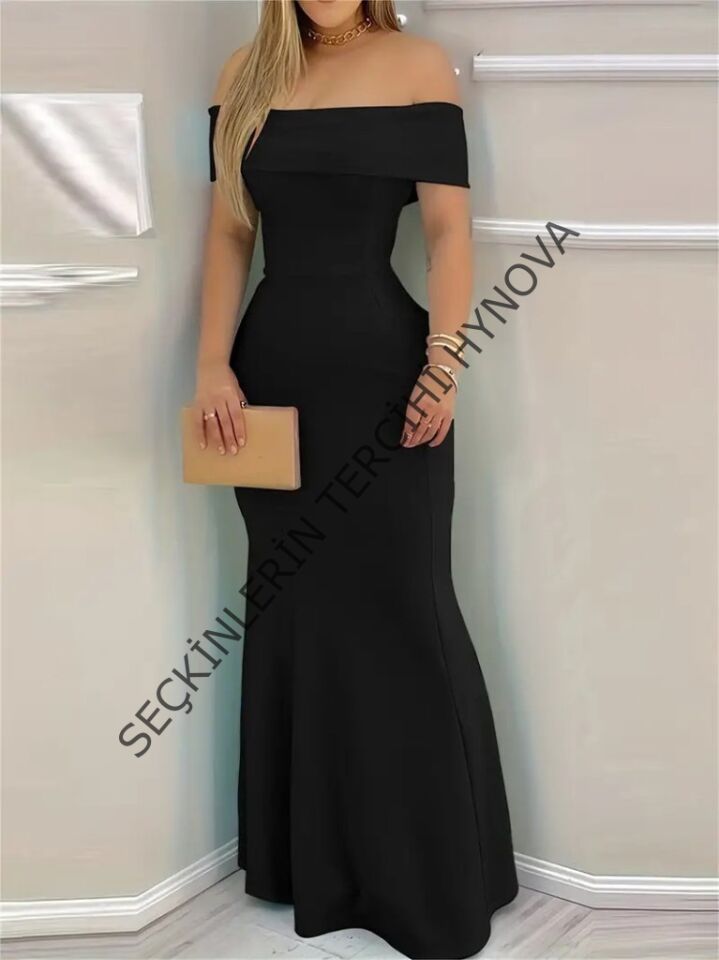 Kadın Kısa Kollu Madonna Yaka Belden Oturtmalı Uzun Ithal Krep Elbise