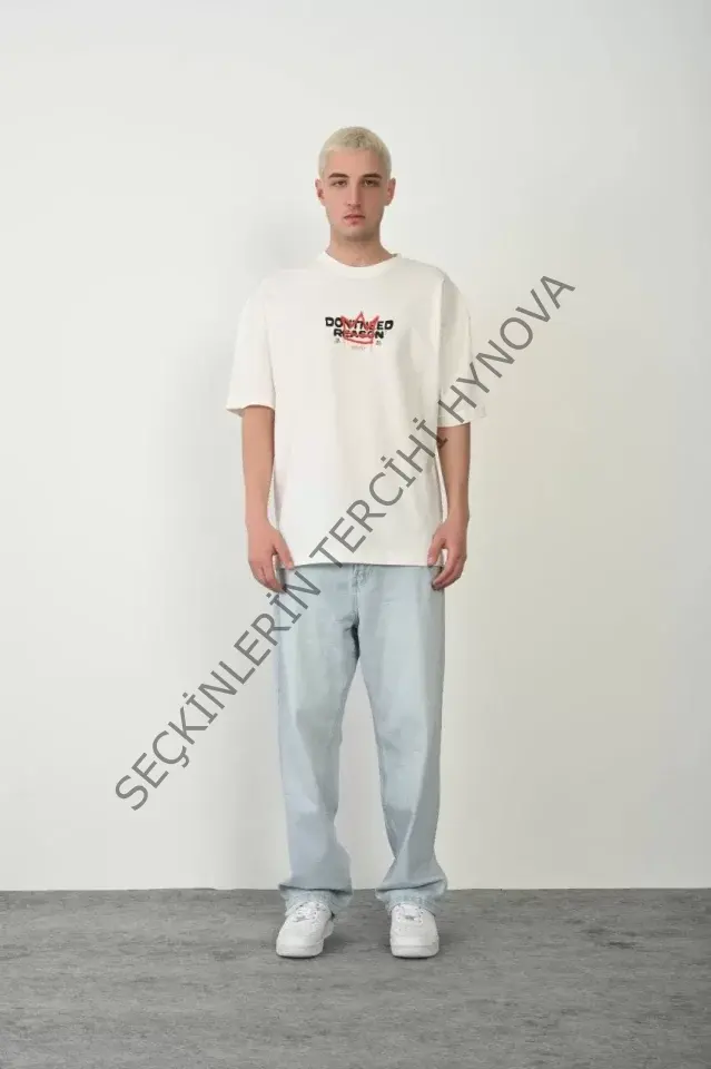 Unisex Baskılı Bisiklet Yaka Oversize T-Shirt - Beyaz