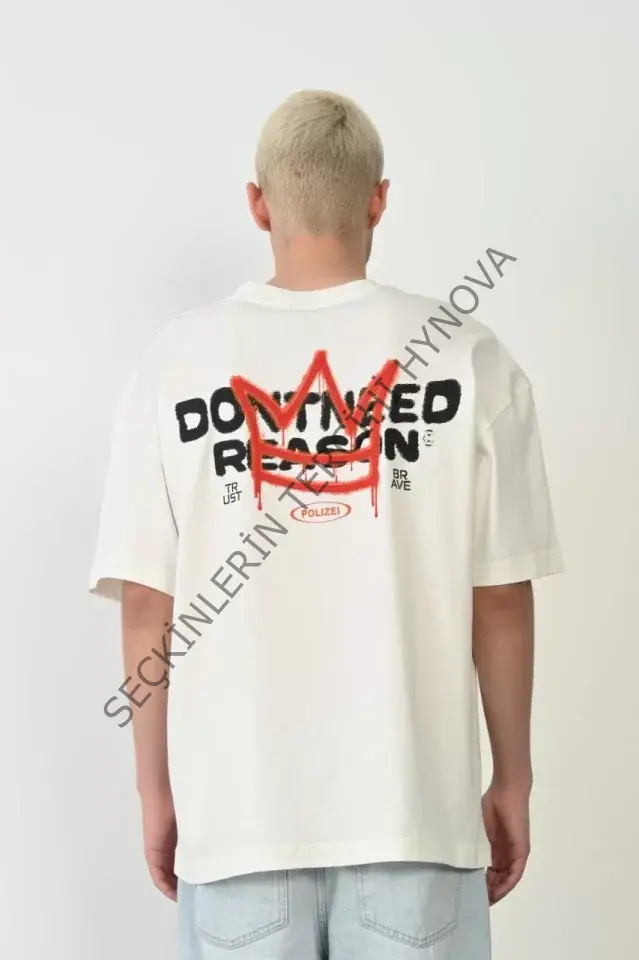 Unisex Baskılı Bisiklet Yaka Oversize T-Shirt - Beyaz