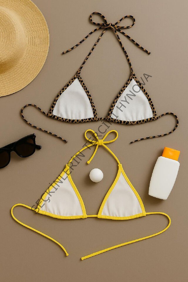 Kadın Leopar Desenli ve Sarı Minimal Kesim Üçgen Bikini Üstü – Modern ve Şık Tasarım