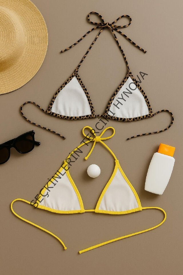 Kadın Leopar Desenli ve Sarı Minimal Kesim Üçgen Bikini Üstü – Modern ve Şık Tasarım