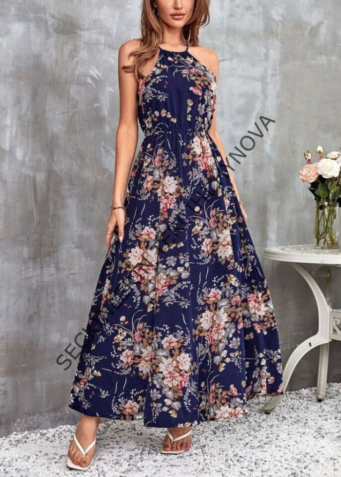 Kadın Açık Omuz Halter Yaka Beli Lastikli Büzgü Detay önden Yırtmaçlı çiçek Desenli Süprem Elbise