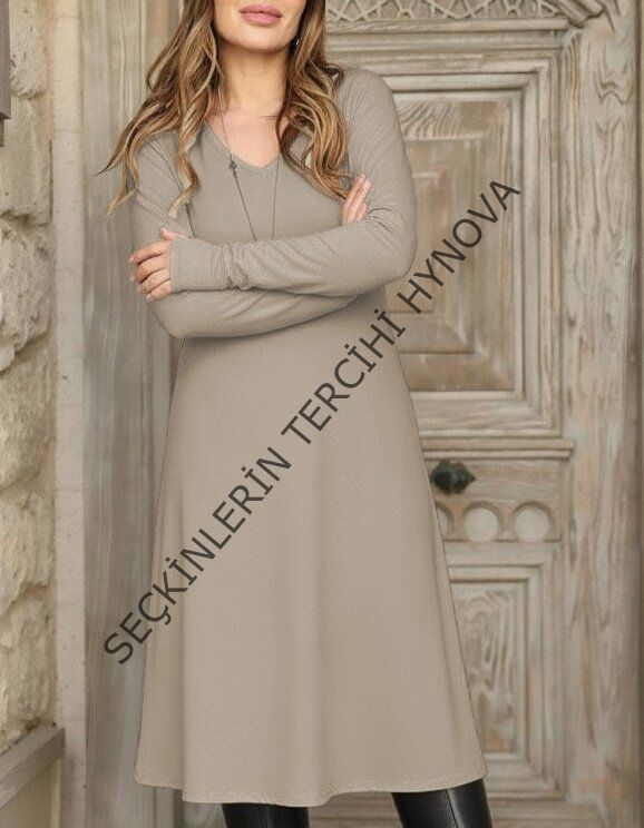 Kadın Uzun Kollu V Yakalı Salaş Midi Akrilik Elbise