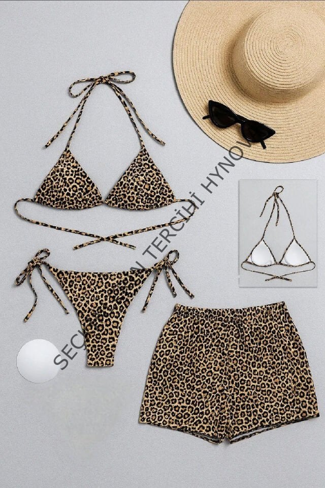 Kadın 3'lü Set Leopar Desenli Şortlu ve Yandan Bağlamalı Bikini Mayo Takımı – Modern, Konforlu ve Günlük Kombinlere Uygun