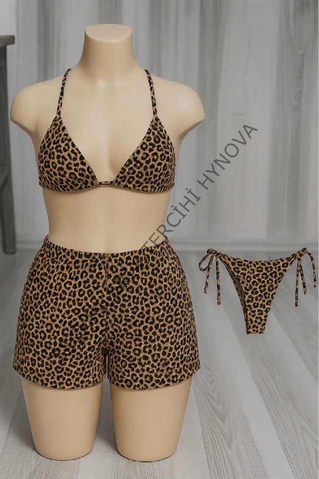 Kadın 3'lü Set Leopar Desenli Şortlu ve Yandan Bağlamalı Bikini Mayo Takımı – Modern, Konforlu ve Günlük Kombinlere Uygun