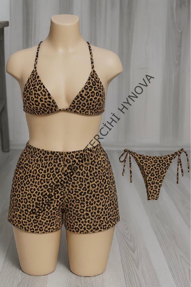 Kadın 3'lü Set Leopar Desenli Şortlu ve Yandan Bağlamalı Bikini Mayo Takımı – Modern, Konforlu ve Günlük Kombinlere Uygun