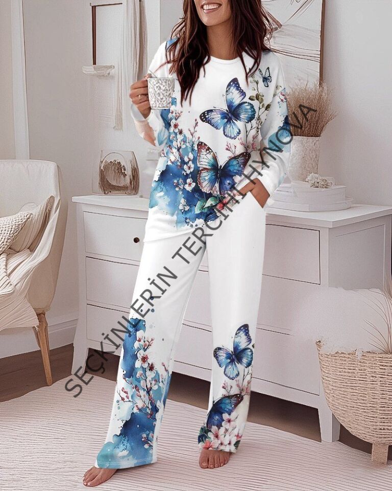 Kadın Uzun Kollu Bisiklet Yaka Kelebek Desenli Iki Iplik Alt üst Takım
