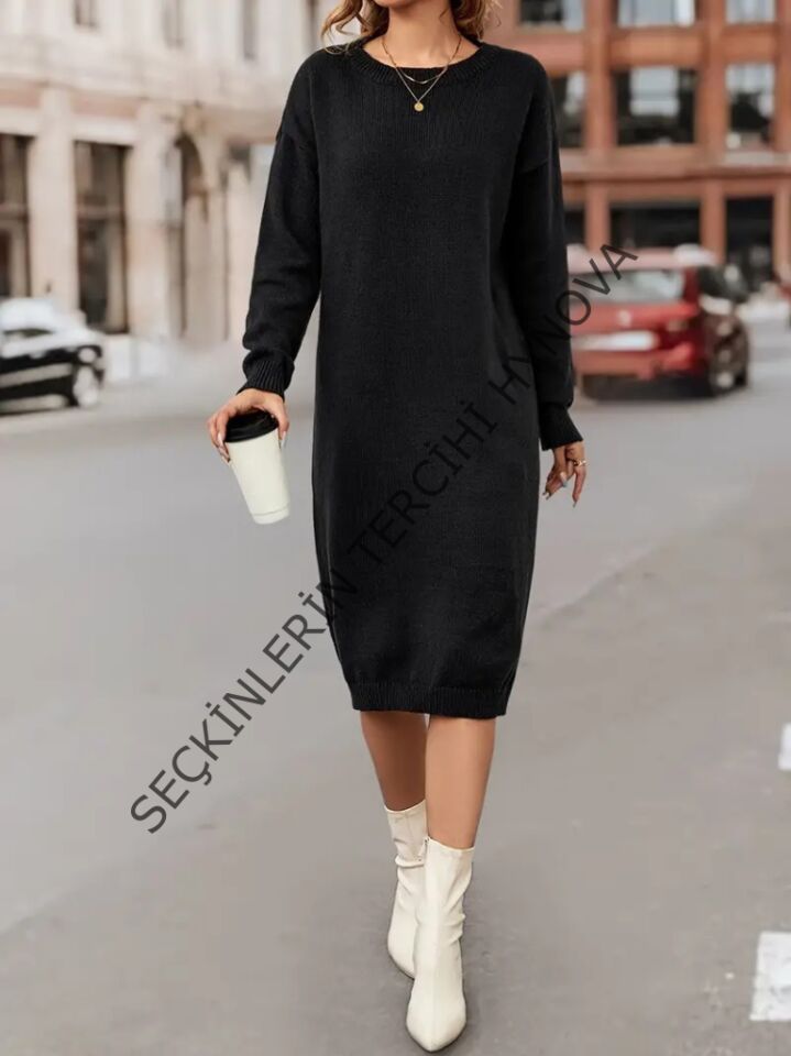 Kadın Uzun Kollu Bisiklet Yaka Yandan Yırtmaçlı Midi Triko Elbise(kemersiz)