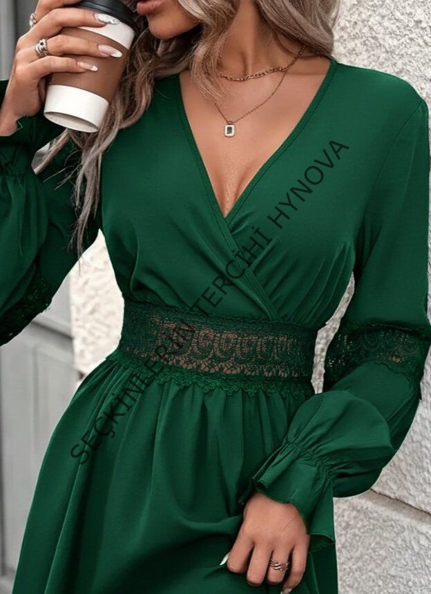 Kadın Uzun Kollu Kruvaze Yakalı Dantelli Fermuar Detaylı Mini Ithal Krep Elbise