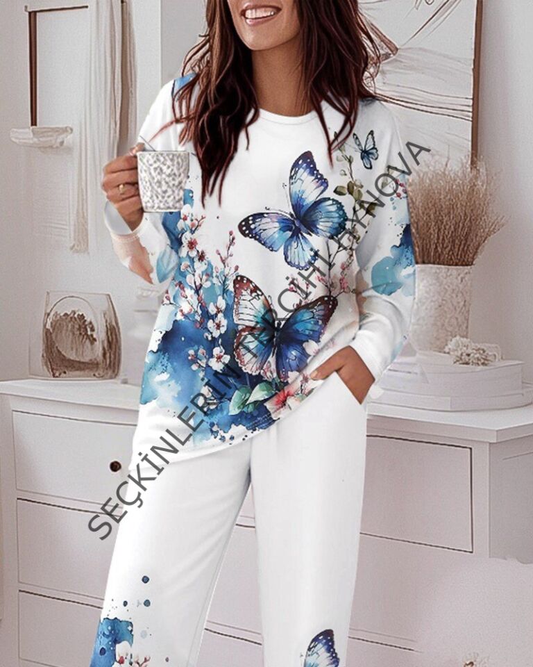 Kadın Uzun Kollu Bisiklet Yaka Kelebek Desenli Iki Iplik Alt üst Takım