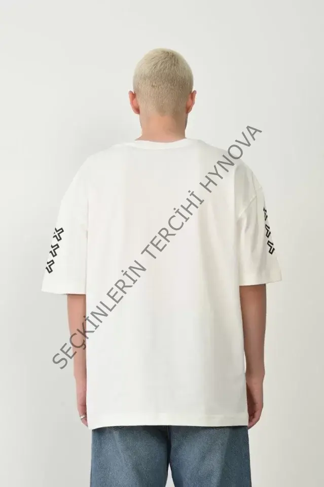 Unisex Baskılı Bisiklet Yaka Oversize T-Shirt - Beyaz