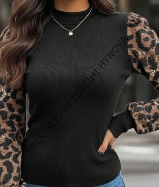 Kadın Uzun Kollu Yarı Balıkçı Yaka Leopar Detaylı Kaşkorse Bluz