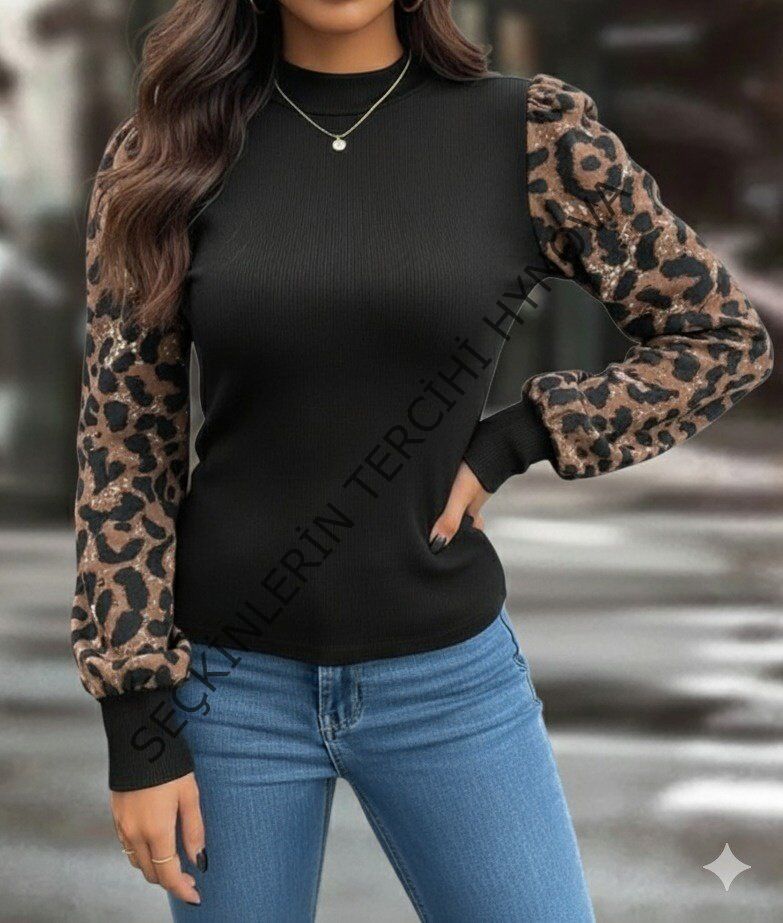 Kadın Uzun Kollu Yarı Balıkçı Yaka Leopar Detaylı Kaşkorse Bluz