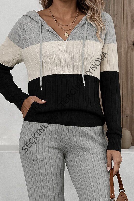Kadın Uzun Kollu Kapşonlu Bağcıklı Blok Renkli şardonlu Kaşkorse Bluz Ve Pantolon Ikili Takım