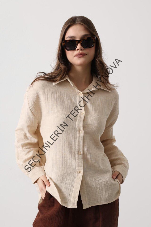 Müslin Uzun Kol Gömlek - Bej