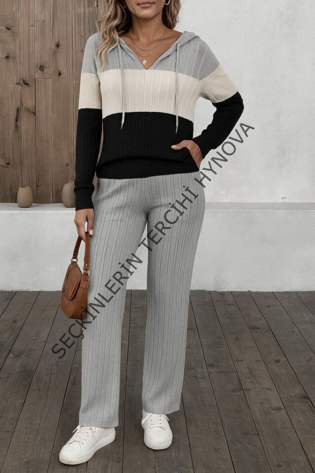 Kadın Uzun Kollu Kapşonlu Bağcıklı Blok Renkli şardonlu Kaşkorse Bluz Ve Pantolon Ikili Takım