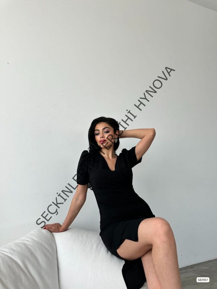 Kadın Kruvaze Yaka Yandan Yırtmaç Detaylı Scuba Krep Kumaş Midi Boy Elbise