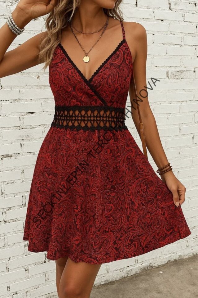 Kadın Ip Askılı Kruvaze Yakalı Desenli Mini Süprem Mini Elbise