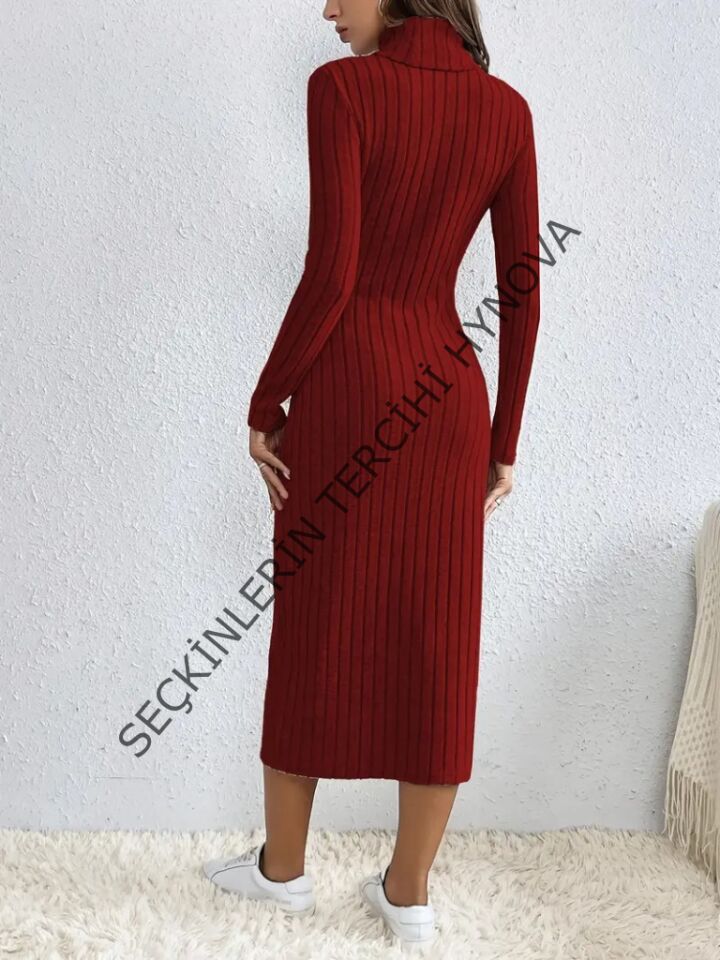 Kadın Uzun Kollu Balıkçı Yaka Yırtmaçlı Düğmeli şardonlu Kaşkorse Elbise