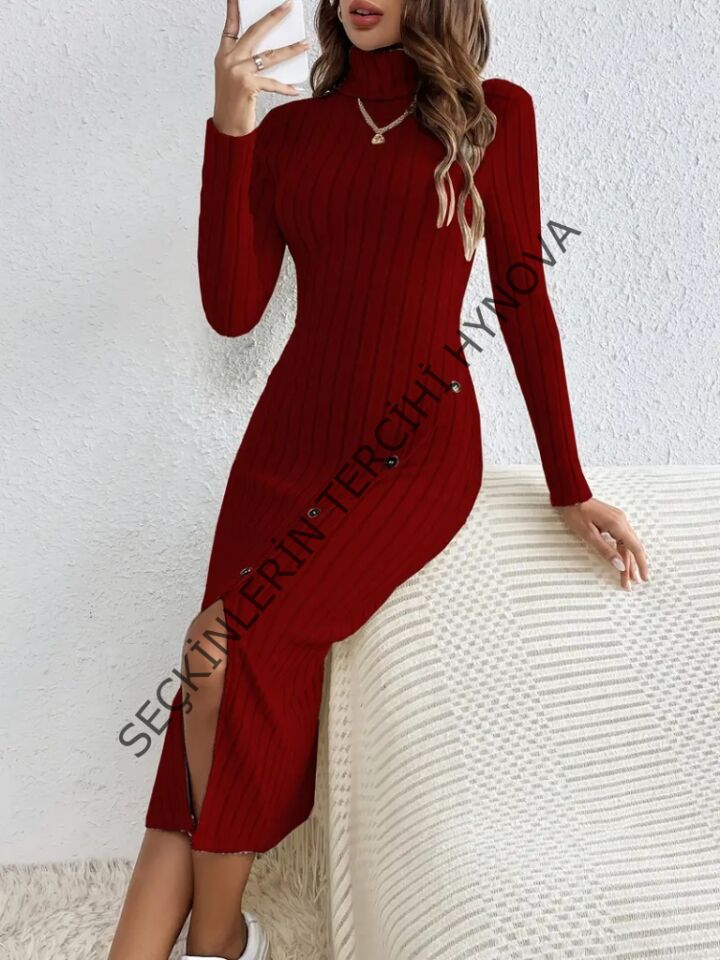 Kadın Uzun Kollu Balıkçı Yaka Yırtmaçlı Düğmeli şardonlu Kaşkorse Elbise