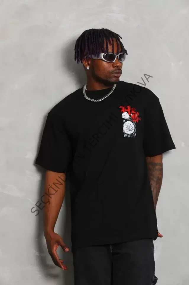 Unisex Oversize Baskılı Bisiklet Yaka T-Shirt - Siyah