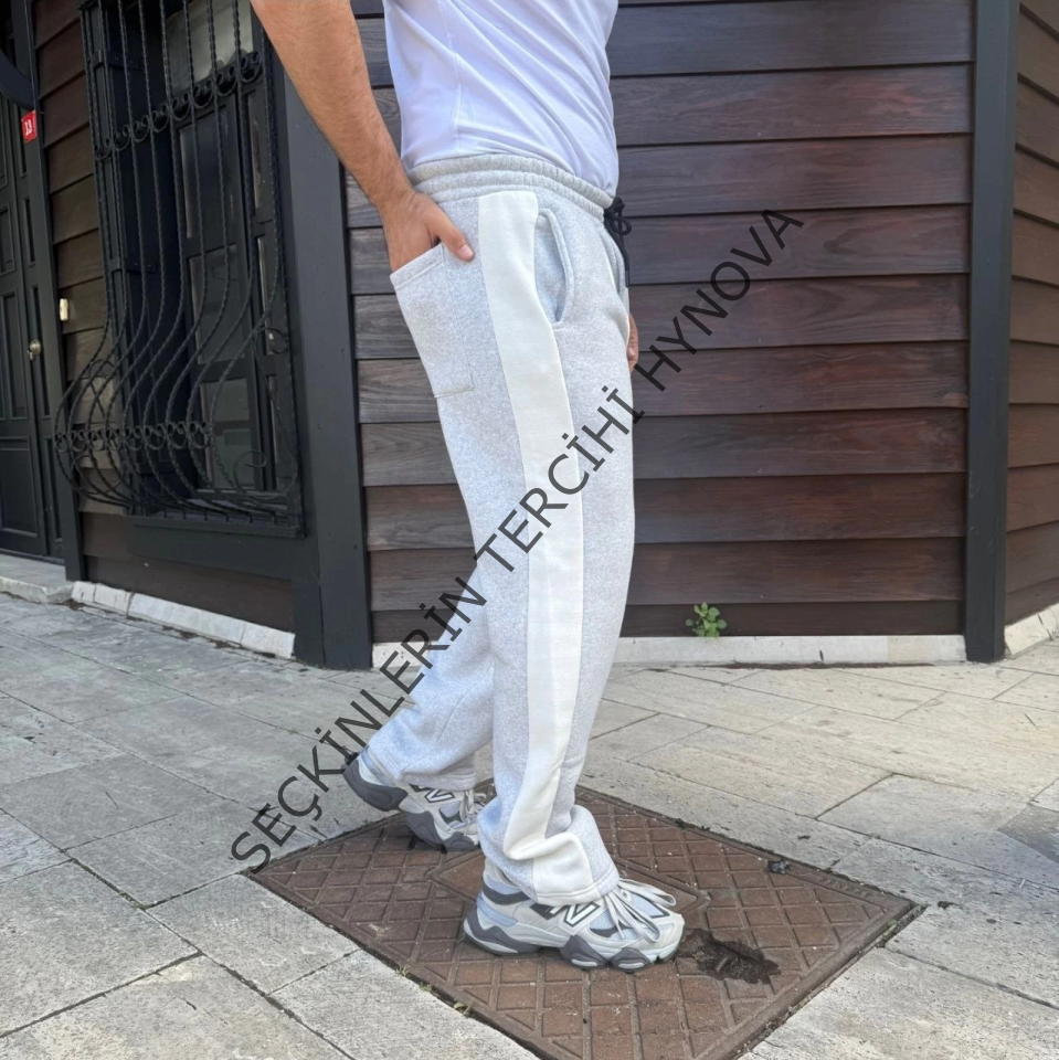 Erkek Üç İplik Kışlık Pamuklu Yandan Garneli Kalın Bej Şeritli Cepli Eşofman Altı - Gri