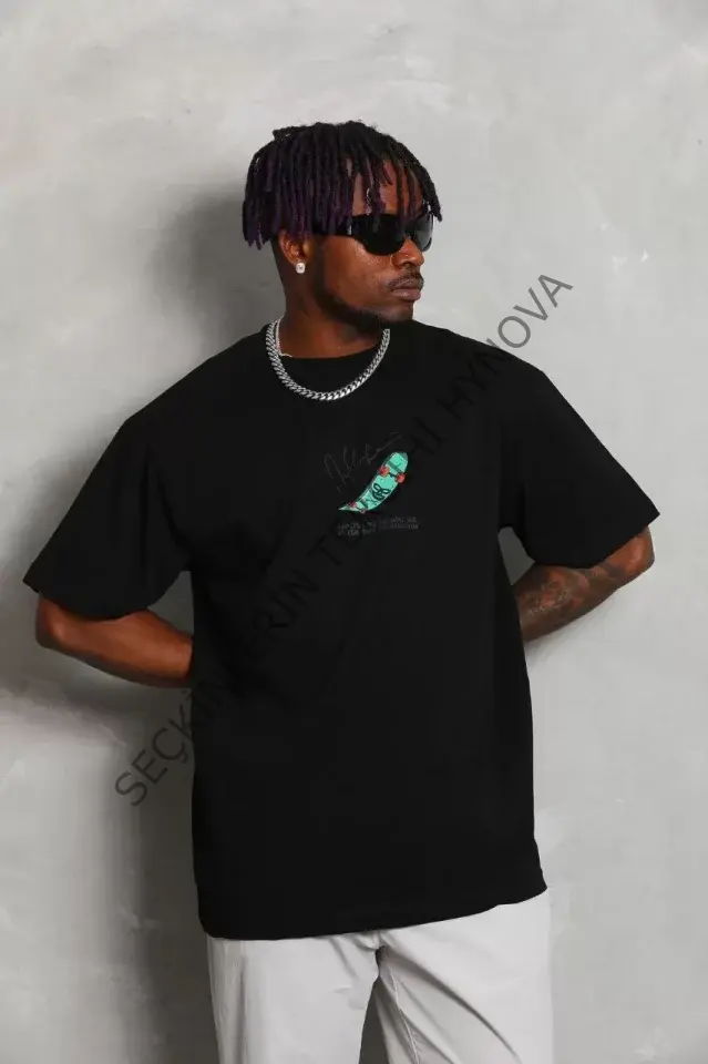 Unisex Oversize Baskılı Bisiklet Yaka T-Shirt - Siyah