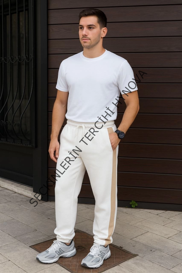 Erkek Üç İplik Kışlık Pamuklu Yandan Garneli Kalın Bej Şeritli Cepli Eşofman Altı - Beyaz